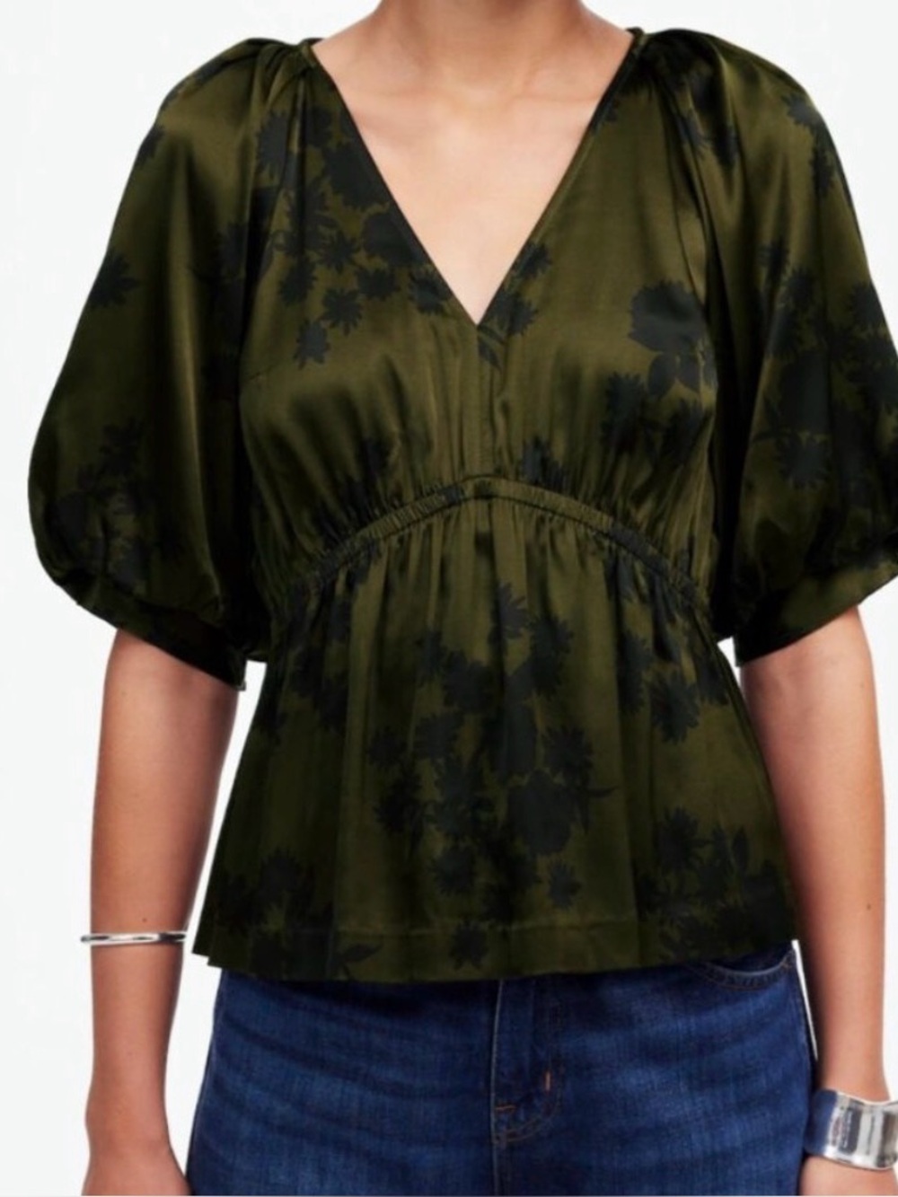 Madewell Olive Green Floral V-Neck Puff Sleeve Blouse